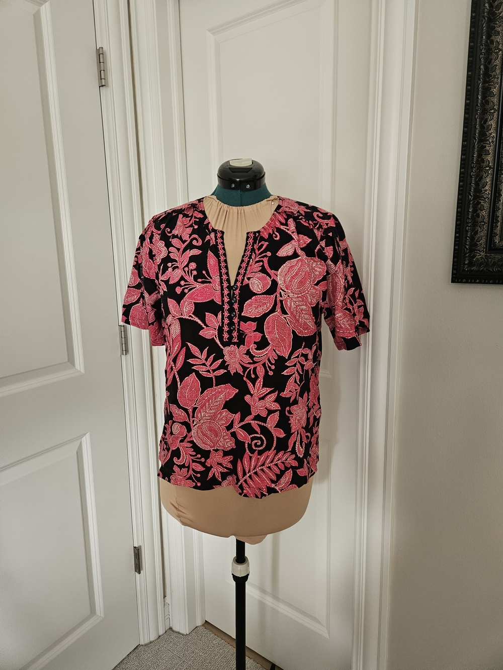 Johnny Was Black Tunic with Pink Floral Embroidery